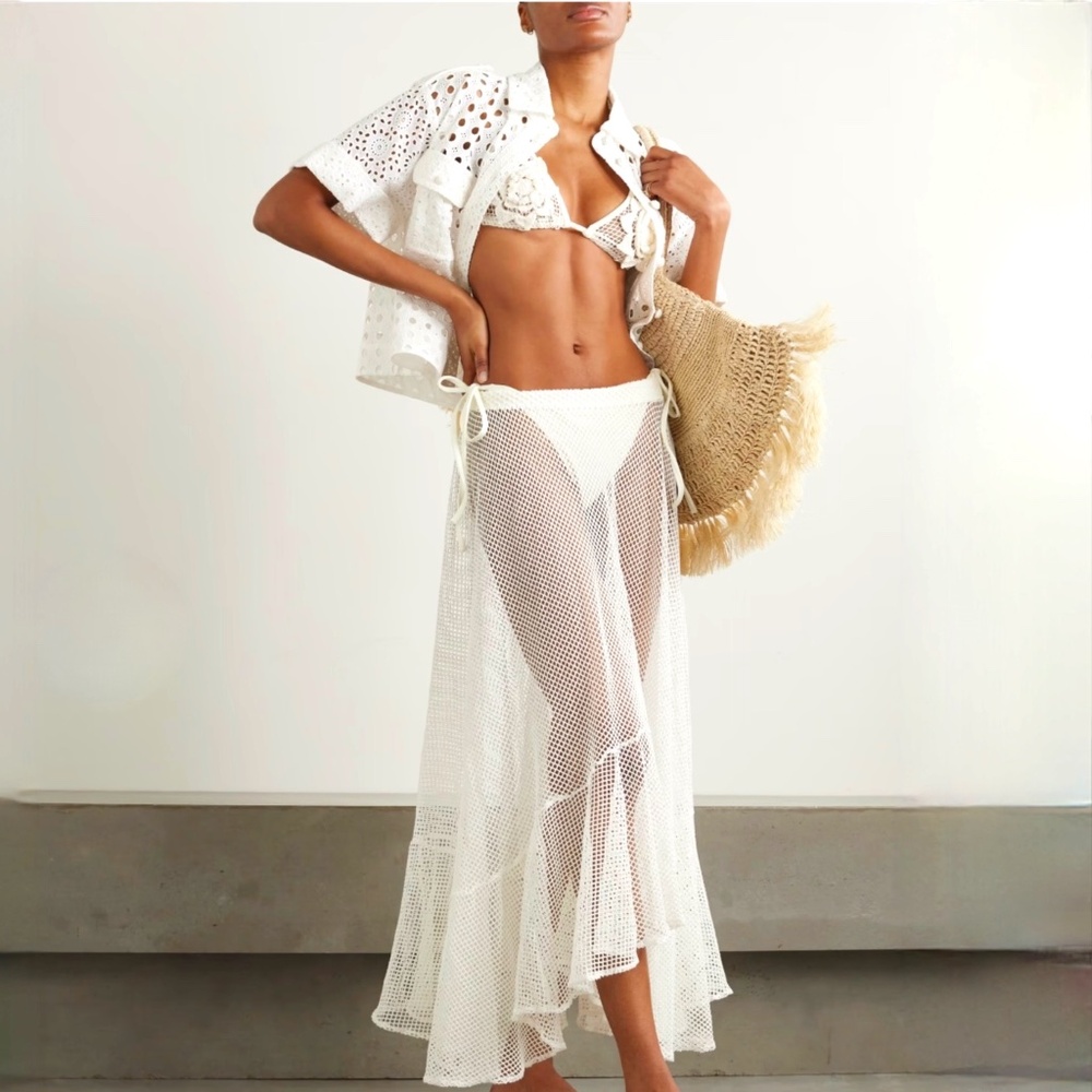PatBo Skirt Ivory White Tiered Crocheted Stretch-cotton Midi Skirt XL